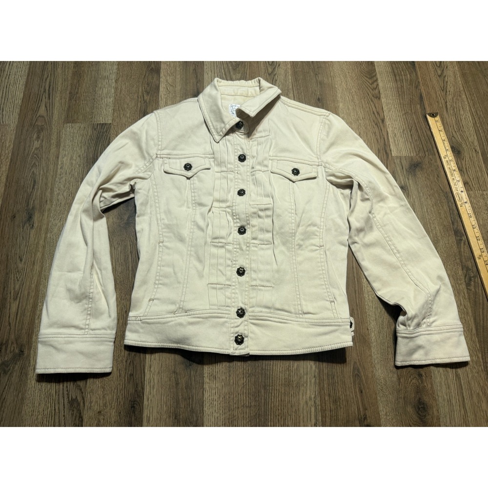 Live a Little Jacket Womens Size M Cream Denim Trucker Pleated Front